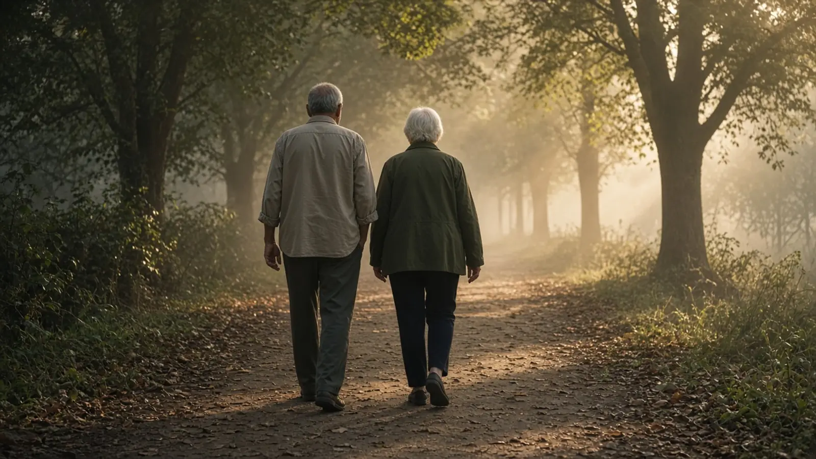Two friends walking on a misty park path in early morning light