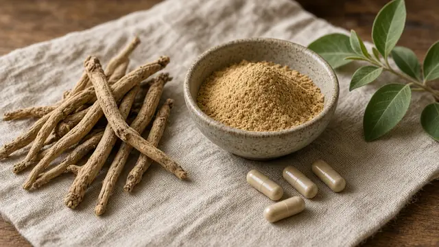 Dried ashwagandha roots and a bowl of root powder with a few capsules on linen