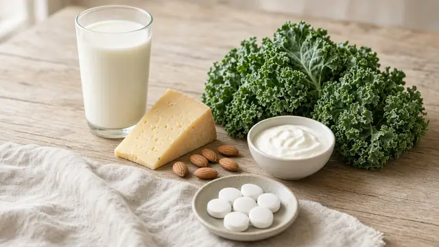 A glass of milk, cheese, yogurt, kale and almonds with white tablets
