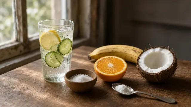 A glass of water with lemon and cucumber, sea salt, orange, banana and coconut