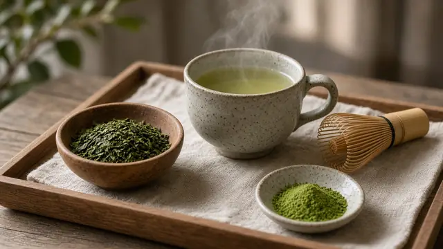 Loose green tea leaves, a cup of green tea, a bamboo whisk and matcha powder