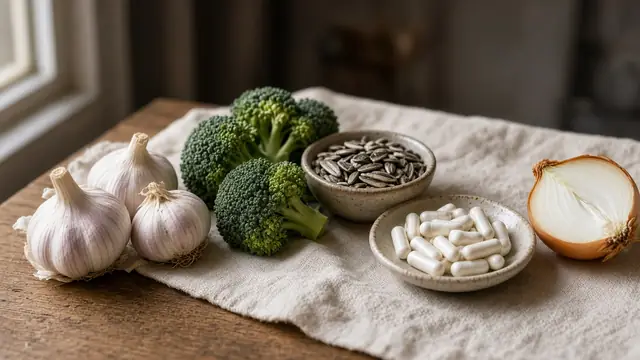 Garlic, broccoli, an onion, sunflower seeds and a dish of white capsules on linen