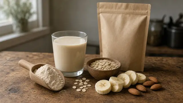 A wooden scoop of protein powder, a shake, oats, banana slices and almonds