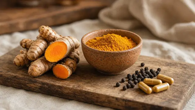 Fresh turmeric root, turmeric powder, black peppercorns and golden capsules