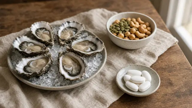 Fresh oysters on ice, pumpkin seeds, chickpeas and cashews with white tablets