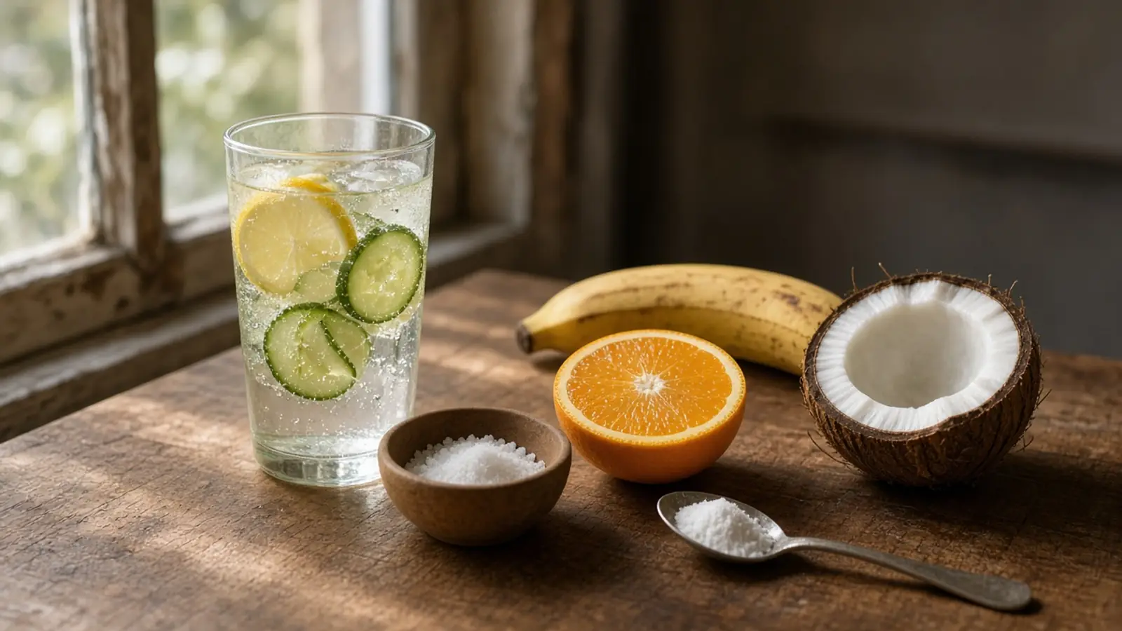 A glass of water with lemon and cucumber, sea salt, orange, banana and coconut