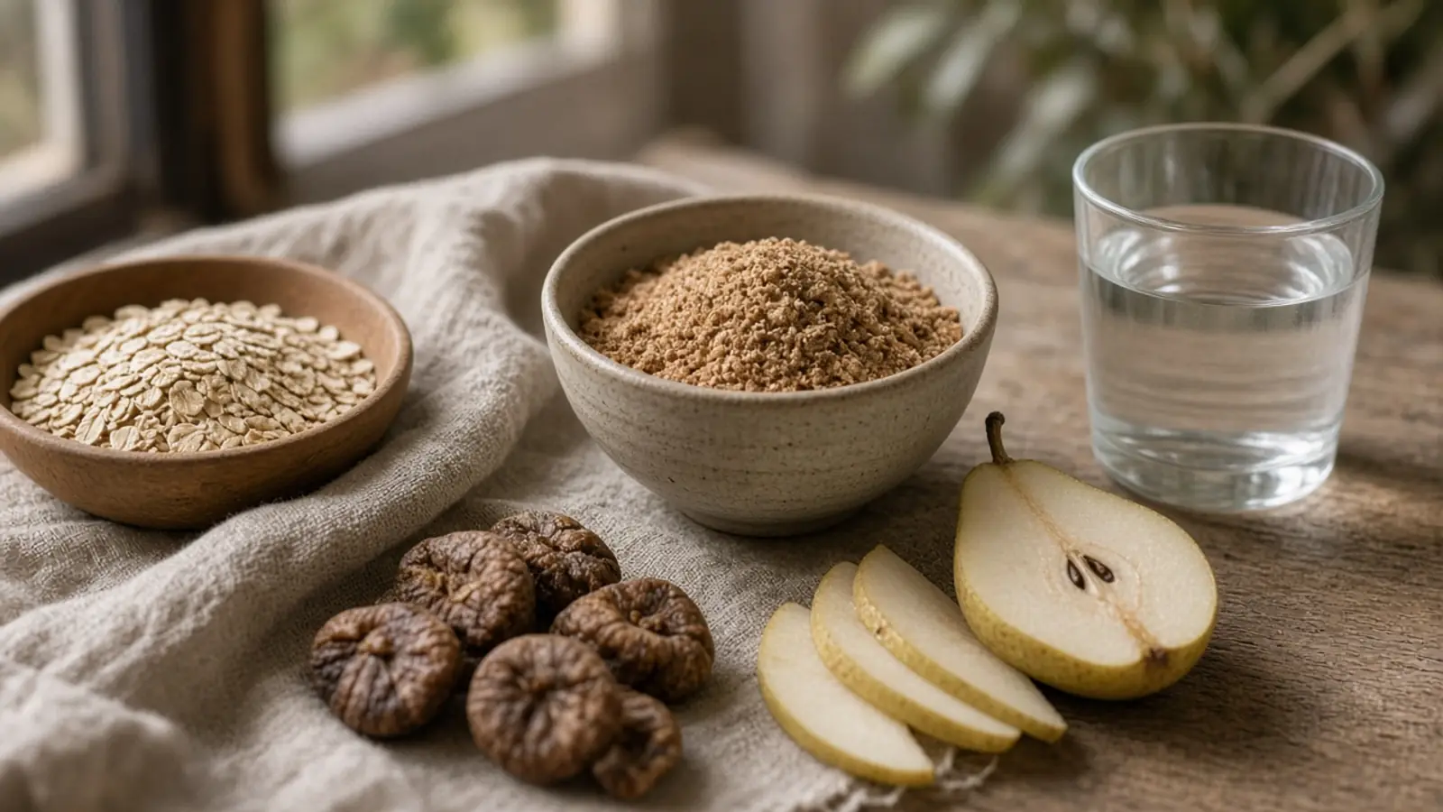 A bowl of psyllium husk, oats, dried figs, sliced pear and a glass of water