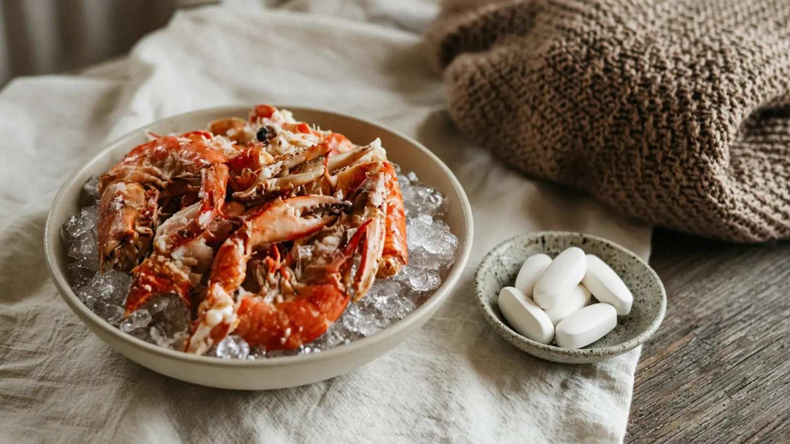 A bowl of shellfish on ice beside a dish of large white tablets and a knit blanket