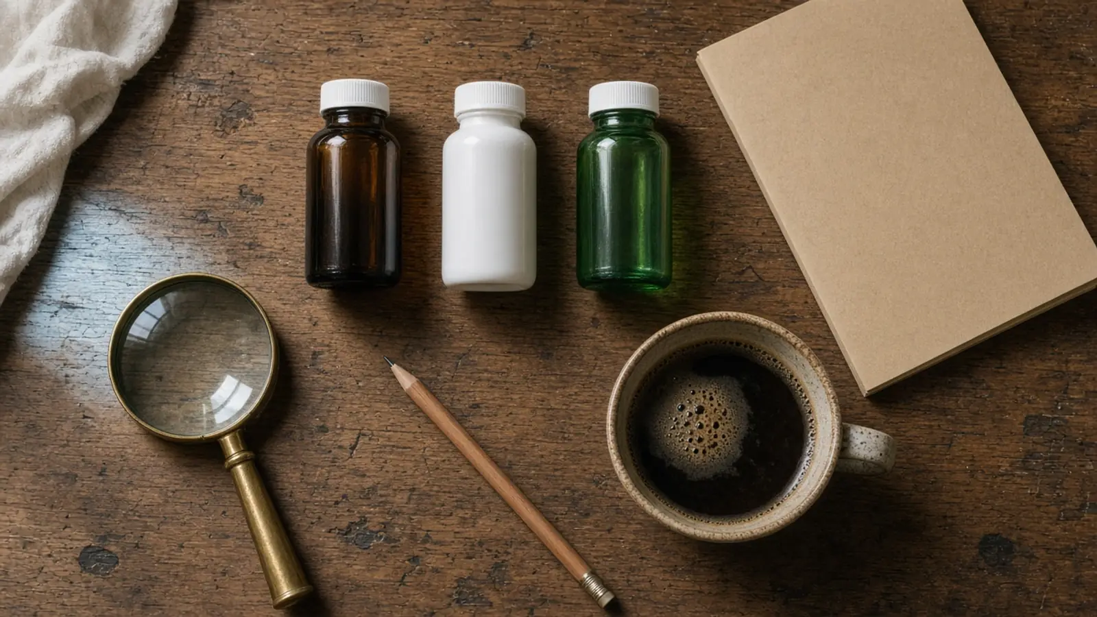 Three plain supplement bottles lined up beside a magnifying glass, pencil and coffee