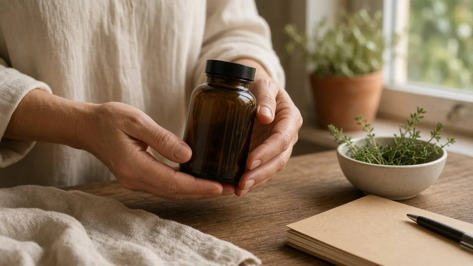 Hands holding a plain amber supplement bottle at a sunlit kitchen table with herbs and a notebook