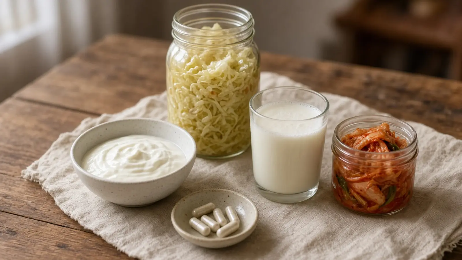 Sauerkraut, yogurt, kefir and kimchi on linen with a few capsules