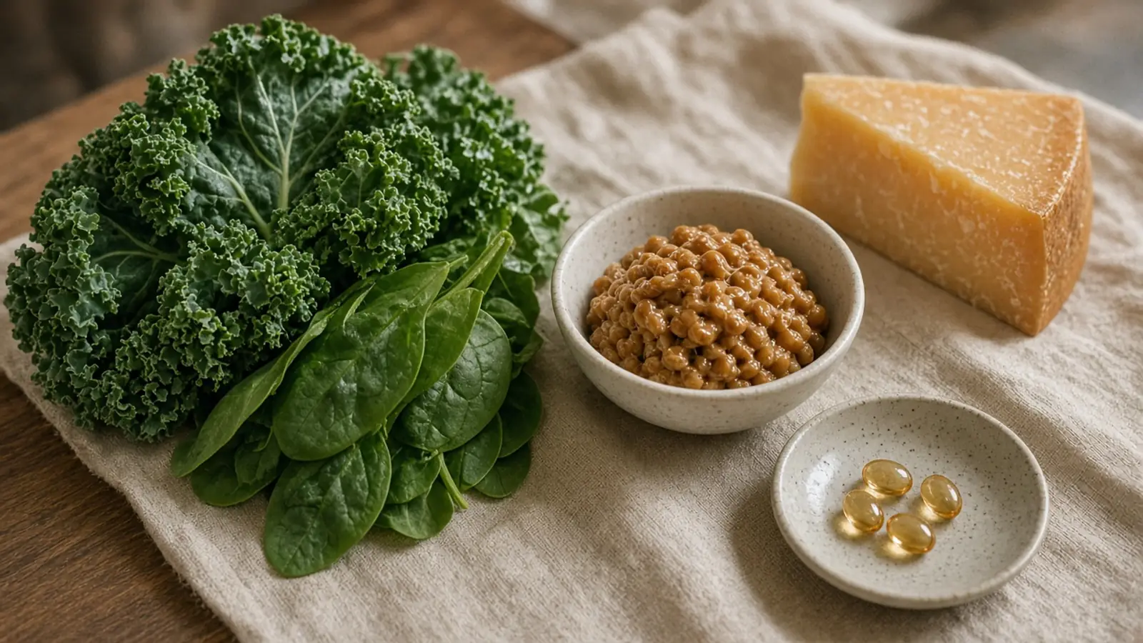 Kale, spinach, natto, aged cheese and a few small softgels on linen